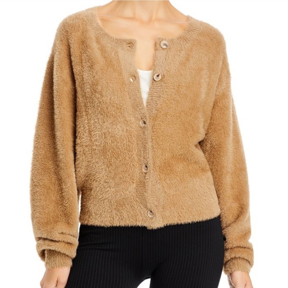 Good American Fuzzy Knit Cardigan Sweater Caramel Brown Tan Button